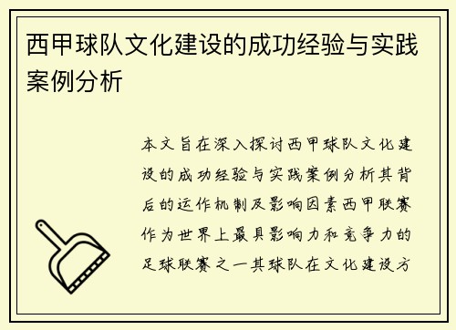 西甲球队文化建设的成功经验与实践案例分析