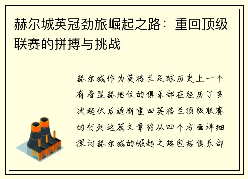 赫尔城英冠劲旅崛起之路：重回顶级联赛的拼搏与挑战