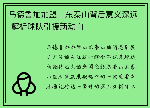 马德鲁加加盟山东泰山背后意义深远 解析球队引援新动向